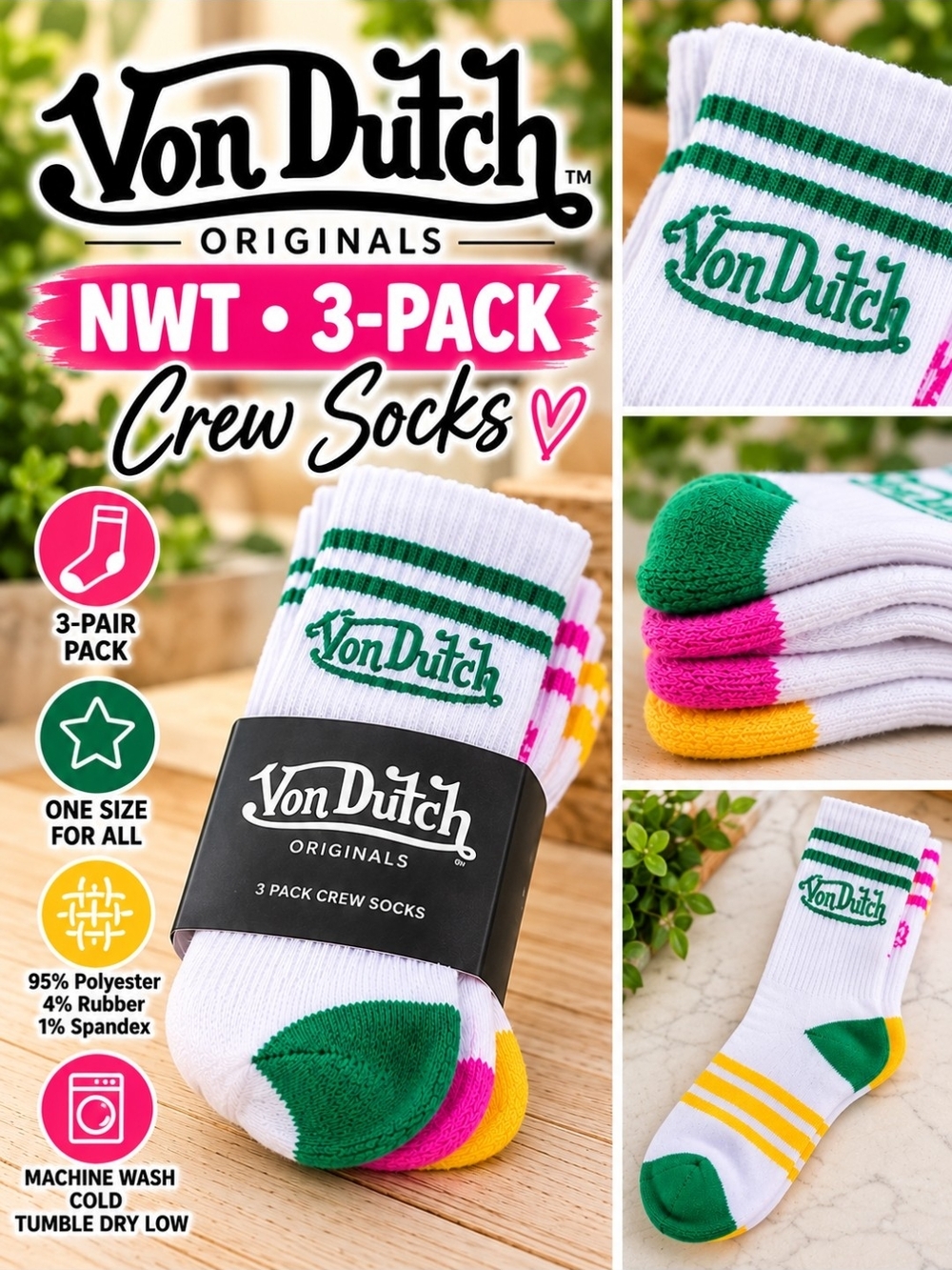 Von Dutch Unisex 3-Pack Crew Socks - White with Green, Pink & Yellow Accents